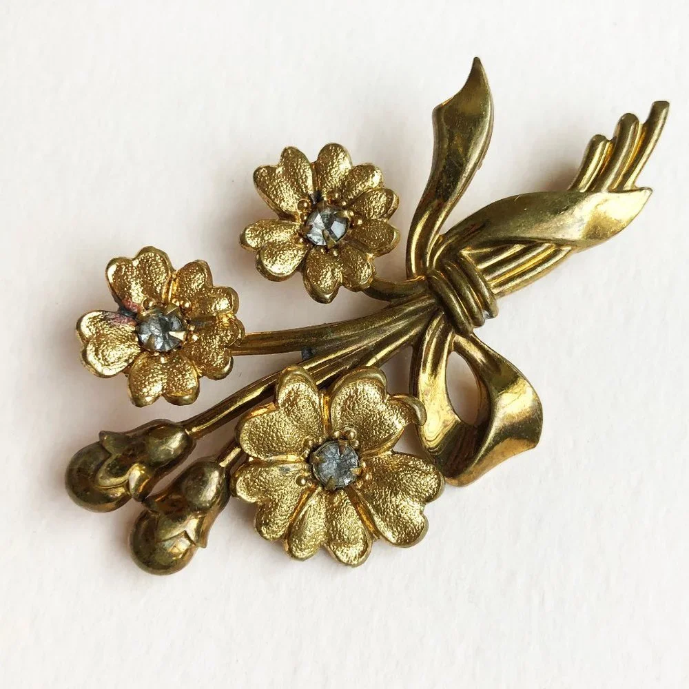 Vintage crystal flower brooch, floral rhinestone lapel pin